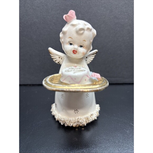 Vintage Napco Porcelain ANGEL Holding Happy Birthday Cake Japan - Picture 1 of 7